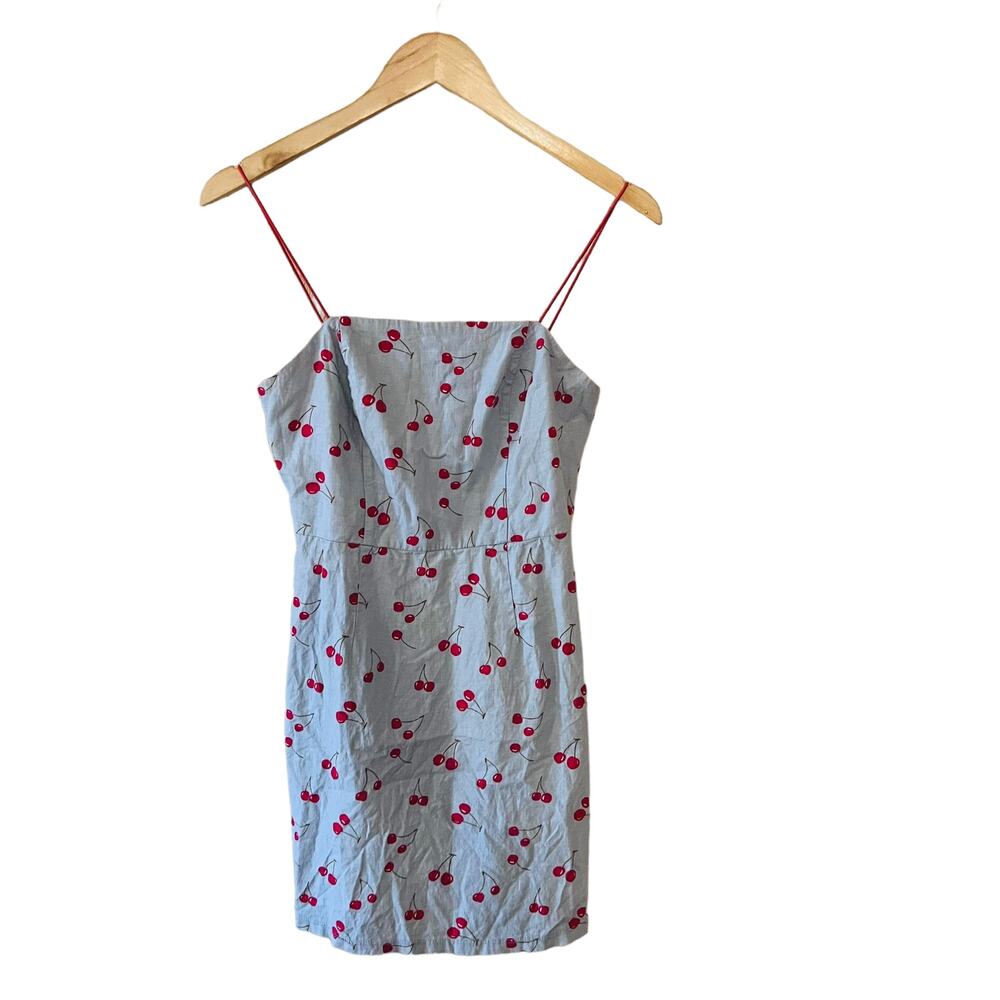 Urban Outfitters Linen Blend Cherry Print Spagetti Mini Dress Size 2 Blue Red - Picture 2 of 12